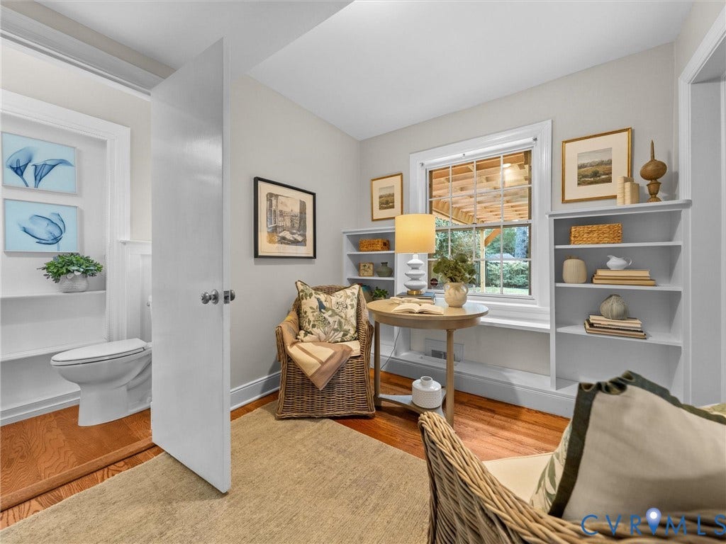 1113 E Durwood Crescent, Tuckahoe Area, Henrico, VA 23229 Hardwood flooring, white window trim, built-in shelving, white paneled door, and a toilet