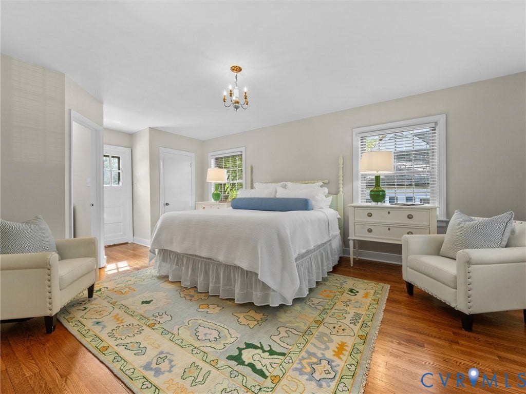1113 E Durwood Crescent, Tuckahoe Area, Henrico, VA 23229 Hardwood flooring, two windows with blinds, a white paneled door, and a gold-finish chandelier