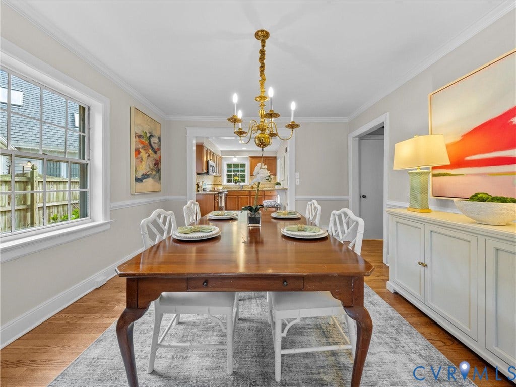 1113 E Durwood Crescent, Tuckahoe Area, Henrico, VA 23229 Hardwood flooring, crown molding, double-hung windows, brass chandelier, and built-in cabinetry