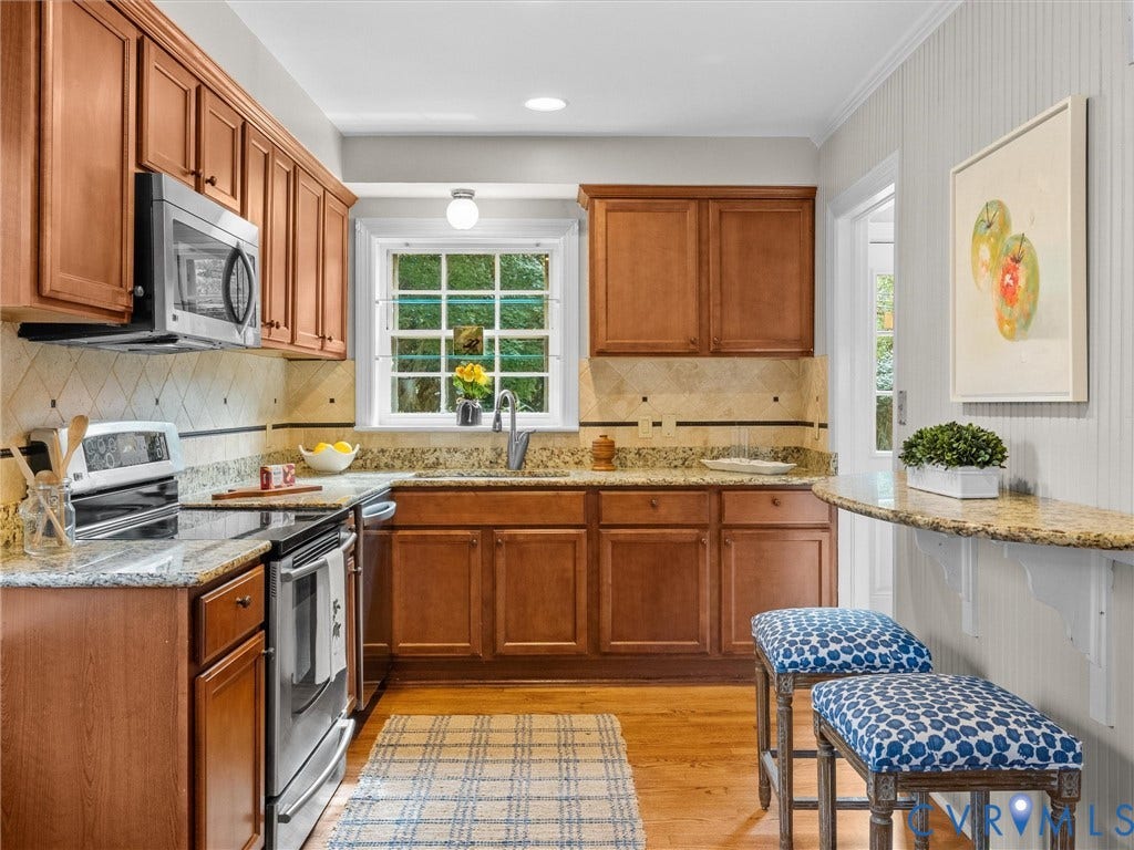 1113 E Durwood Crescent, Tuckahoe Area, Henrico, VA 23229 Wood-finish flooring with full-height cabinetry, granite countertops, and stainless steel appliances