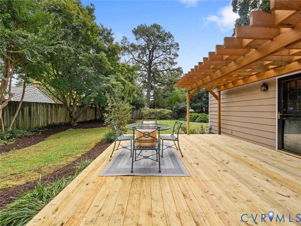 1113 E Durwood Crescent, Tuckahoe Area, Henrico, VA 23229 Expansive wood deck with a built-in wooden pergola, complemented by a manicured lawn and mature trees