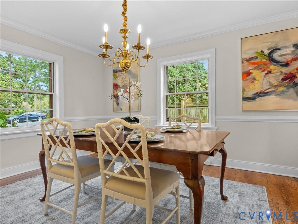 1113 E Durwood Crescent, Tuckahoe Area, Henrico, VA 23229 Hardwood flooring, crown molding, chair rail molding, and a brass chandelier