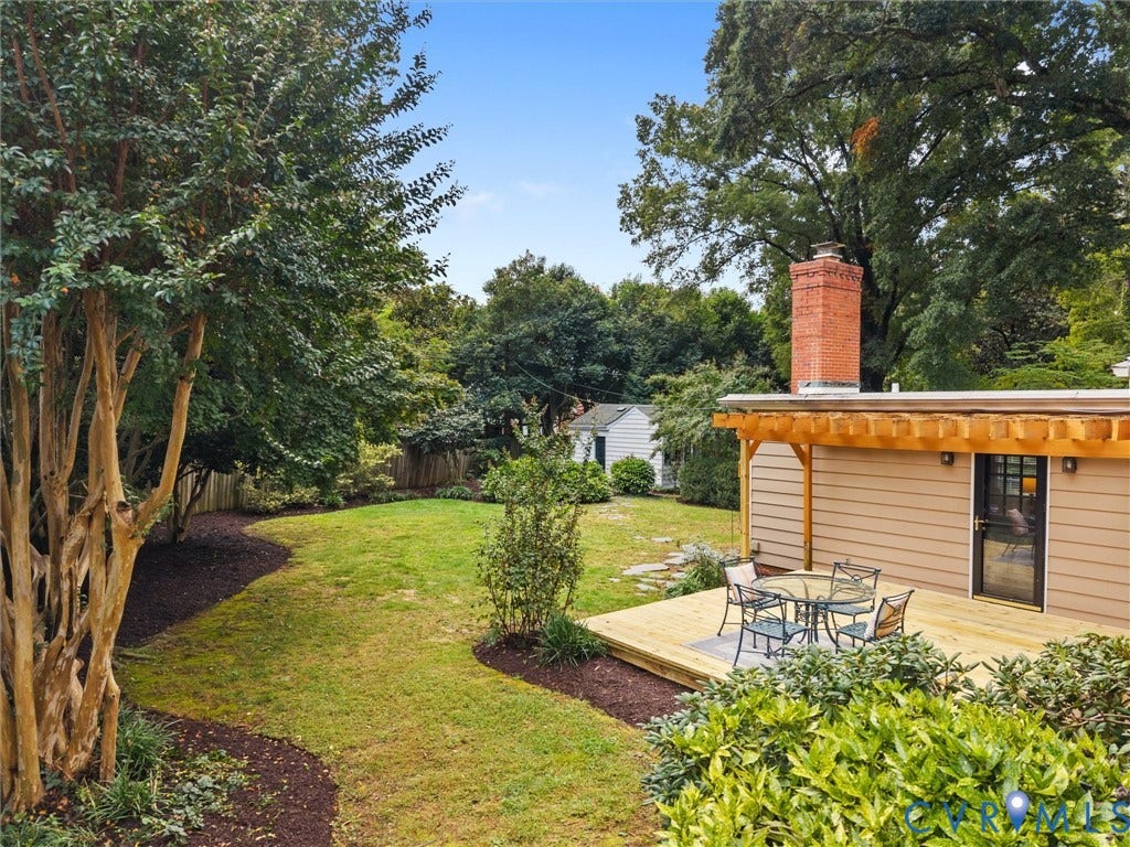 1113 E Durwood Crescent, Tuckahoe Area, Henrico, VA 23229 Expansive backyard featuring a manicured lawn, established perimeter trees, and a wood deck with an overhead pergola structure