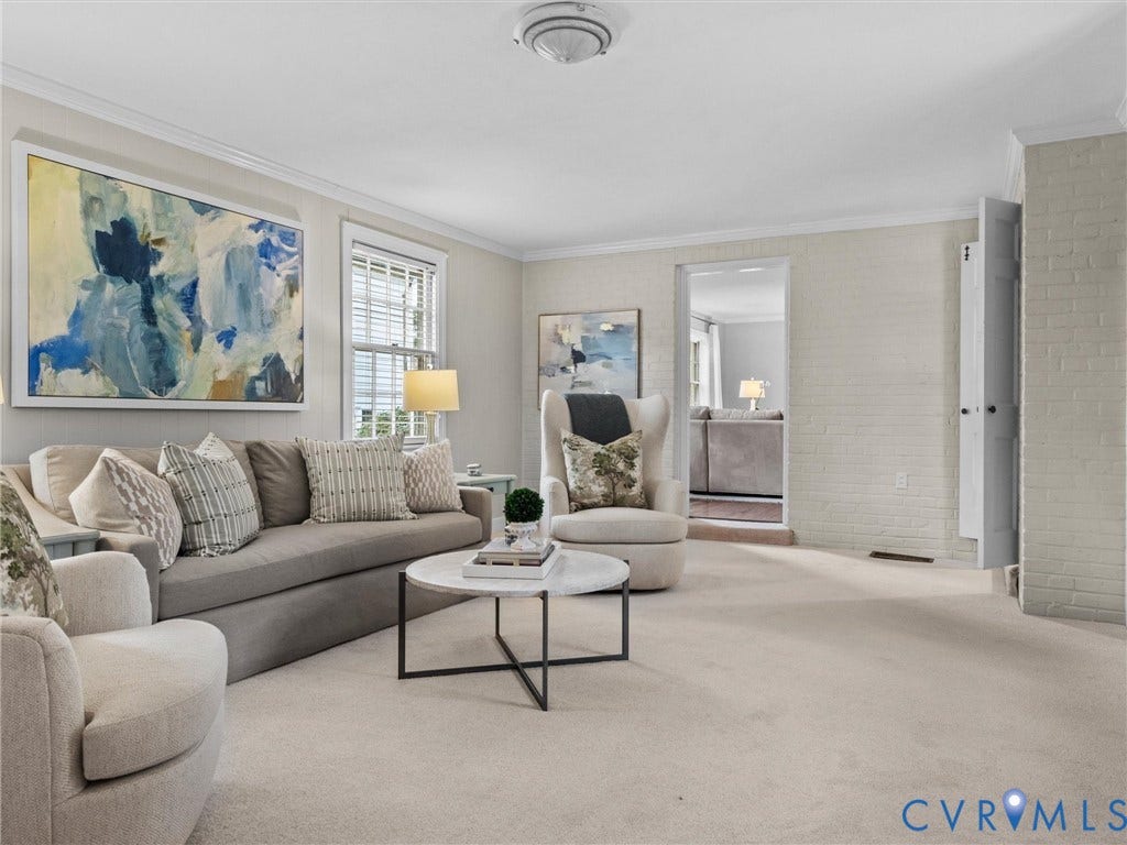 1113 E Durwood Crescent, Tuckahoe Area, Henrico, VA 23229 Neutral tone wall paint, crown molding, white interior trim, carpeted flooring, and a white brick-finish wall
