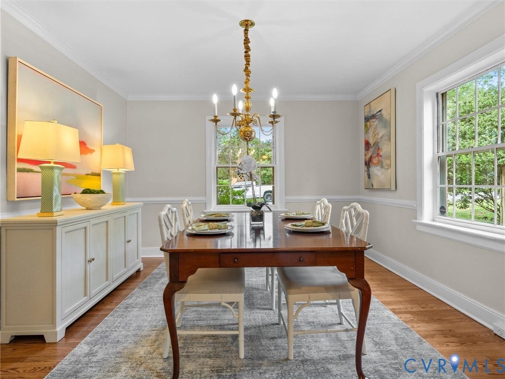1113 E Durwood Crescent, Tuckahoe Area, Henrico, VA 23229 Wood-finish flooring, crown molding, chair rail molding, and two windows