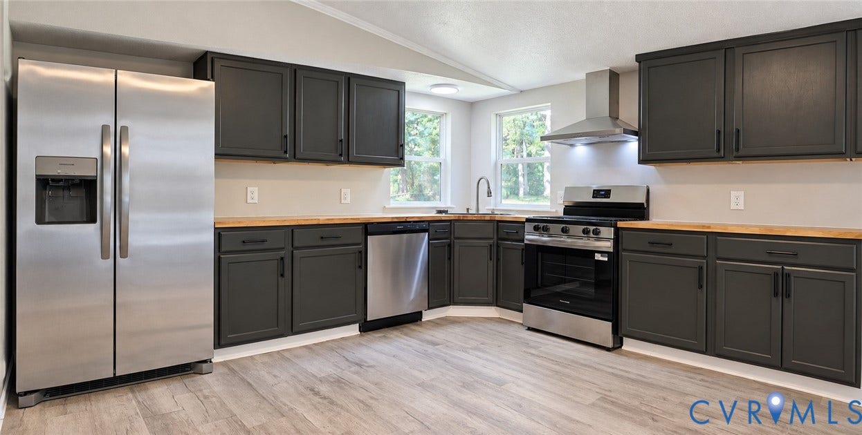115 Mount Airy Lane, Cumberland, VA 23040 Kitchen featuring gray cabinetry, wood-finish countertops, stainless steel appliances, and wood-finish flooring