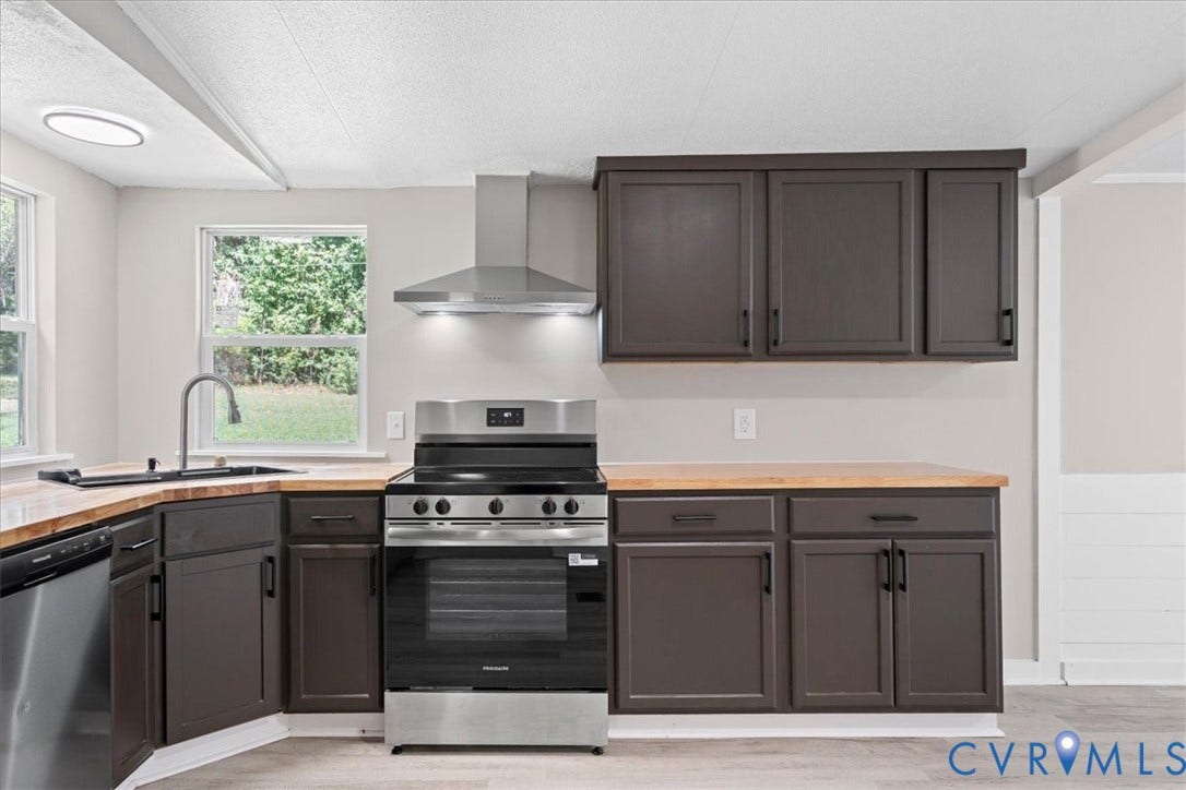115 Mount Airy Lane, Cumberland, VA 23040 Kitchen featuring dark wood-finish cabinetry, stainless steel appliances, wood-finish countertops, and a modern sink with a gooseneck faucet