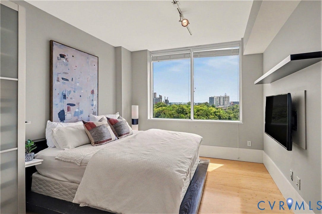 1101 Haxall Point, #U512 U510, Richmond, VA 23219 Expansive window with city and tree canopy scenery, light wood-finish flooring, built-in shelving, track lighting, and a frosted glass panel door