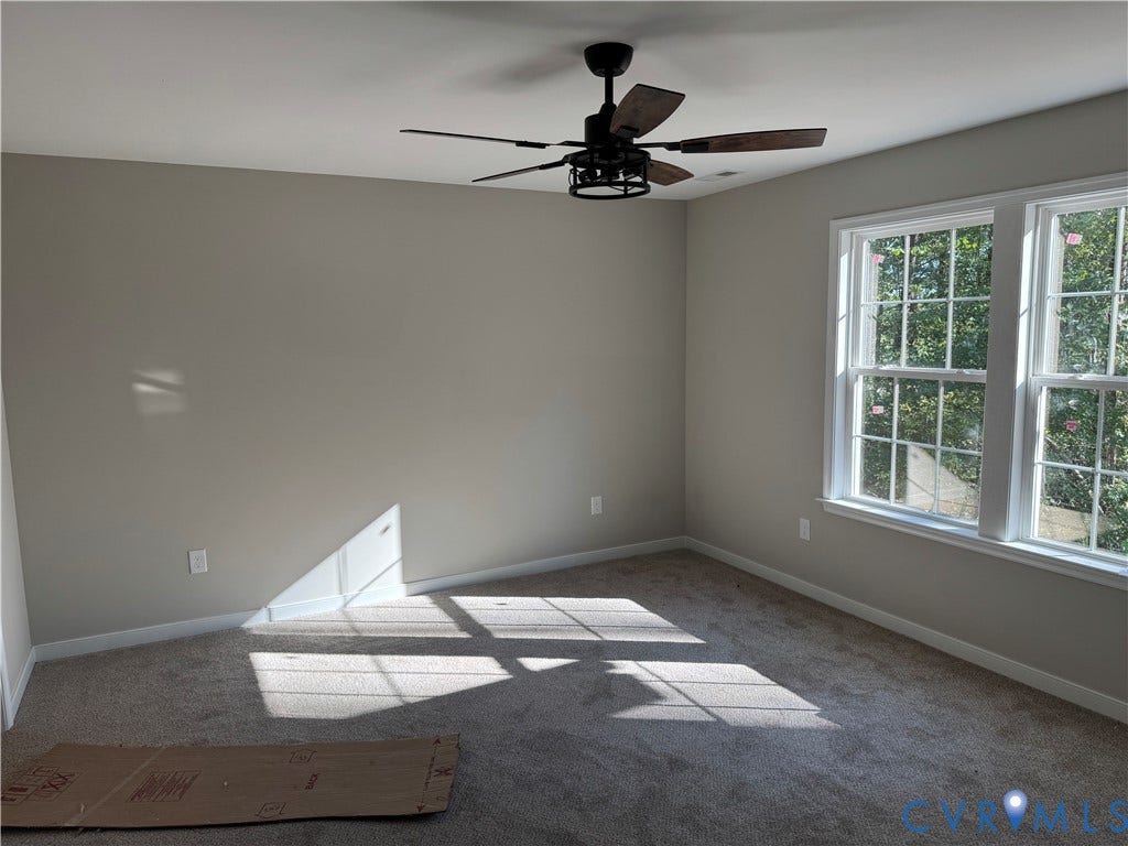 7735 Jefferson Highway, Cedar Hill Park, Mineral, VA 23117 Room featuring carpet flooring, two double-hung windows, and a ceiling fan with light fixture