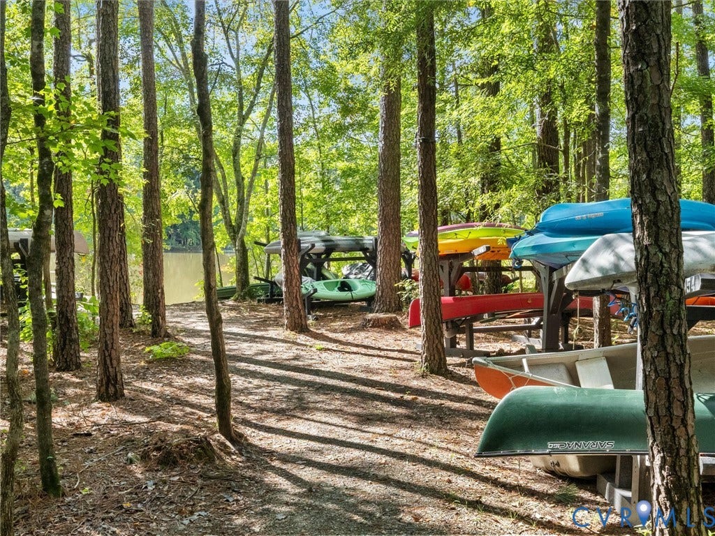 Wooded waterfront setting featuring mature trees, a clear body of water, and shaded ground cover