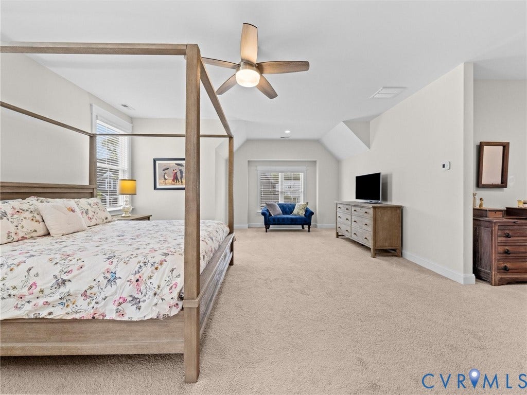 3719 Bellstone Drive, Midlothian, VA 23112 Carpeted flooring throughout, sloped ceiling, recessed lighting, and a ceiling fan with light