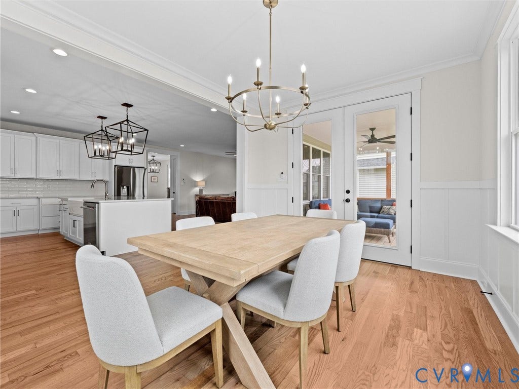 3719 Bellstone Drive, Midlothian, VA 23112 Hardwood flooring throughout, white paneled walls, and a chandelier lighting fixture