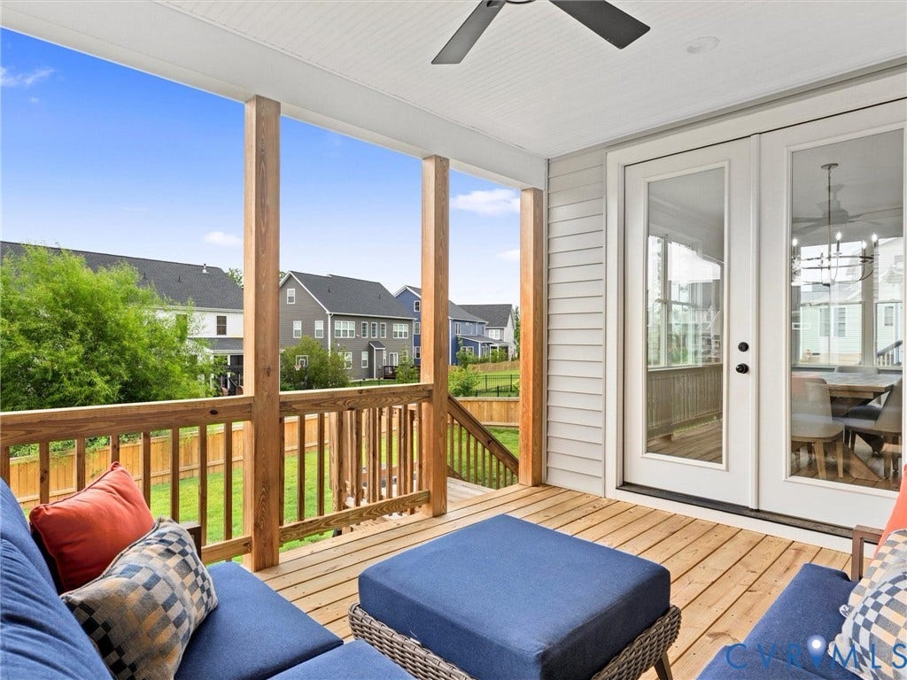 3719 Bellstone Drive, Midlothian, VA 23112 Covered outdoor porch featuring a ceiling fan, wood-plank flooring, and double French doors