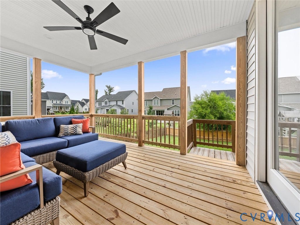3719 Bellstone Drive, Midlothian, VA 23112 Covered Porch featuring a natural wood-finish deck, exposed wood columns, and a ceiling fan