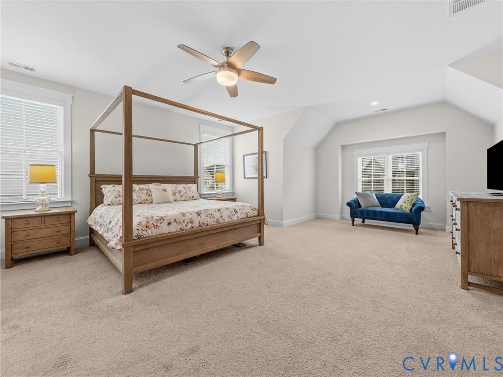 3719 Bellstone Drive, Midlothian, VA 23112 Spacious room featuring carpeting, multiple windows with blinds, a ceiling fan with integrated lighting, and recessed lighting