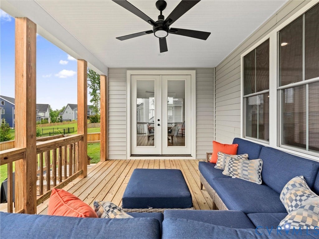 3719 Bellstone Drive, Midlothian, VA 23112 Covered wood-finish porch with a ceiling fan, dual-pane windows, and a double glass-panel door