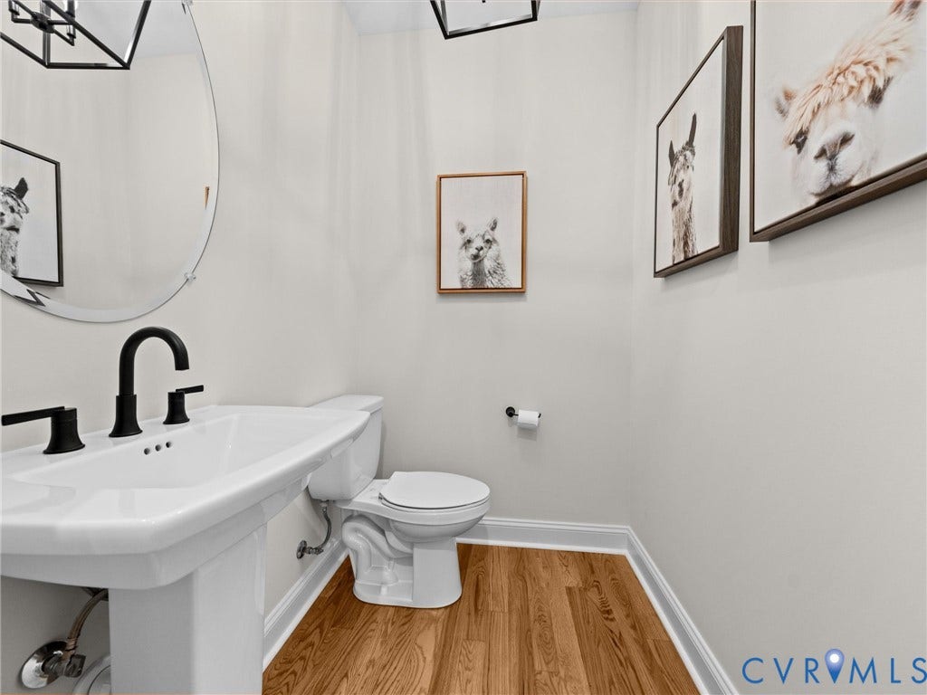 3719 Bellstone Drive, Midlothian, VA 23112 Pedestal sink with matte black faucet, wood-finish flooring, and minimalist light fixture