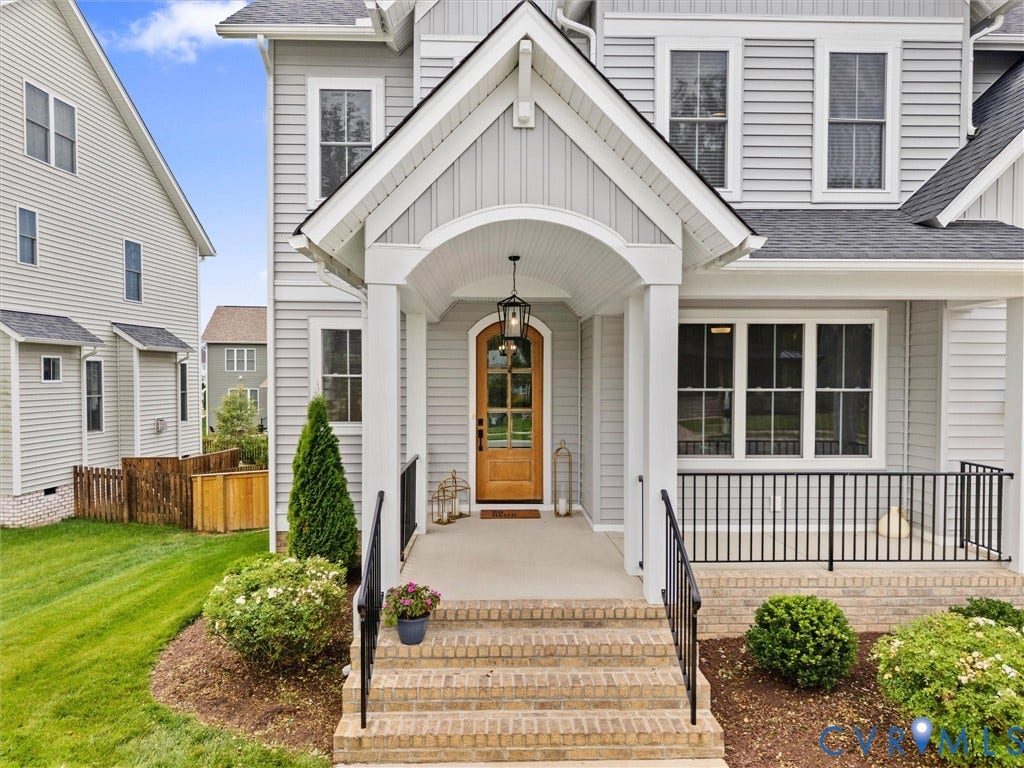 3719 Bellstone Drive, Midlothian, VA 23112 Crafted wood-finish front door with glass paneling, leading to a covered porch with white columns