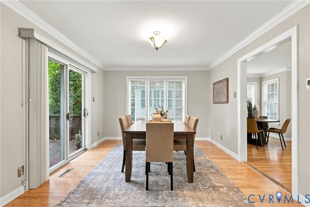 9015 Wood Sorrel Drive, Henrico, VA 23229 Dining space featuring wood-finish flooring, crown molding, multi-pane windows, and a sliding glass door