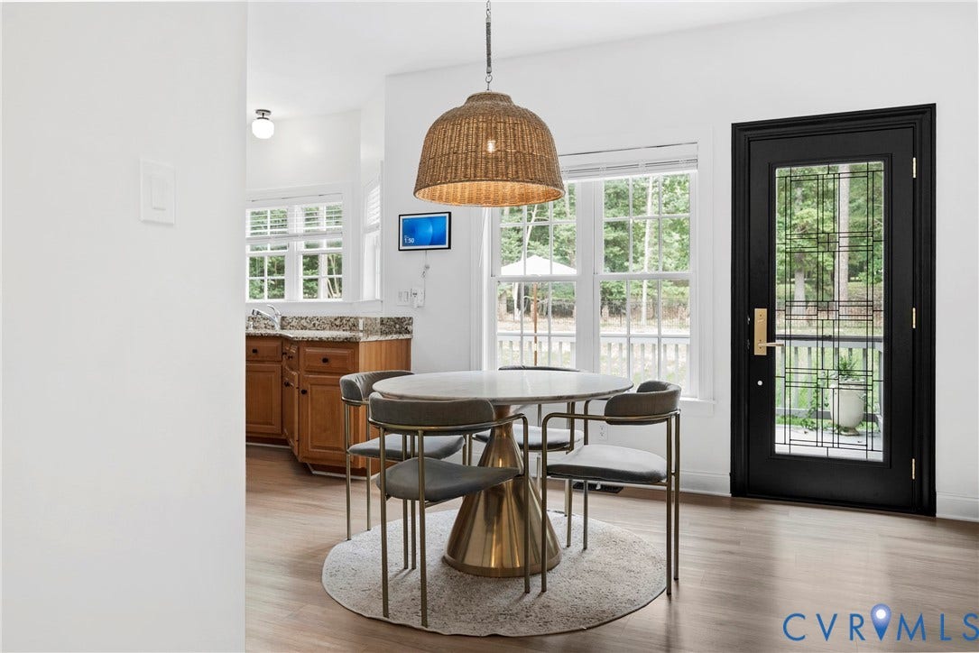 8406 Chandon Court, Chesterfield, VA 23838 Black glass-paneled door, large casement windows, wood-finish flooring, woven pendant light fixture, wood cabinetry