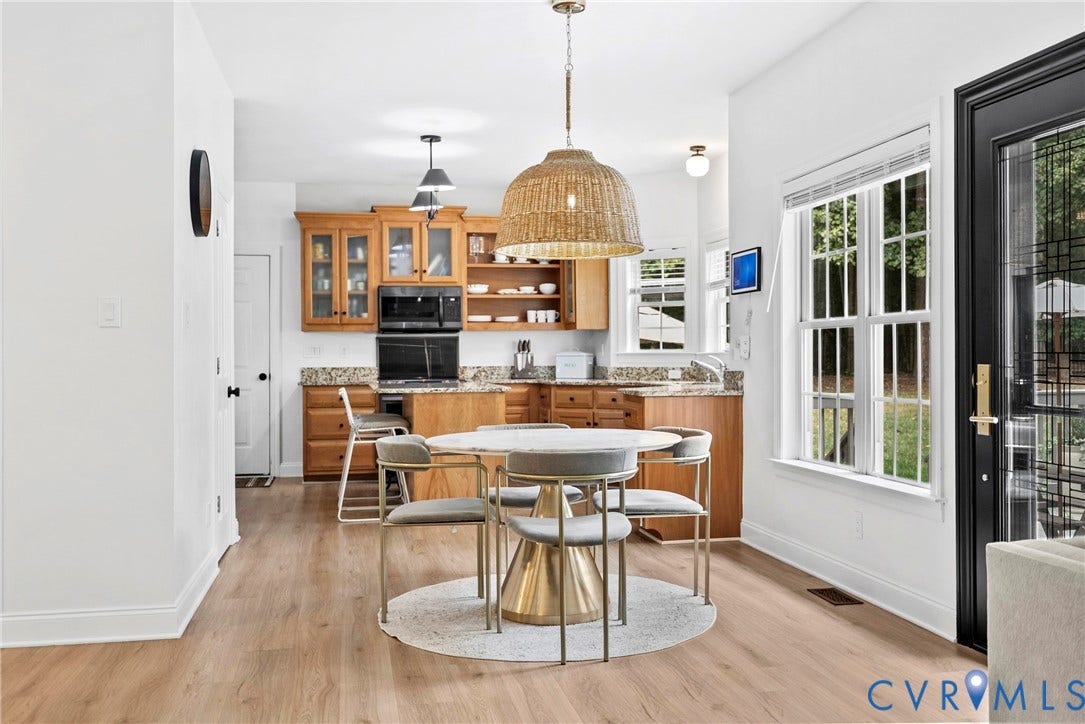 8406 Chandon Court, Chesterfield, VA 23838 Wood-finish flooring, recessed lighting, and a modern kitchen with wood cabinetry, integrated microwave, and a counter-height breakfast bar