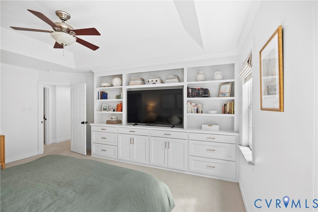 8406 Chandon Court, Chesterfield, VA 23838 Built-in media center with open shelving and lower cabinetry, white painted trim, ceiling fan with light fixture, and light-colored carpeting