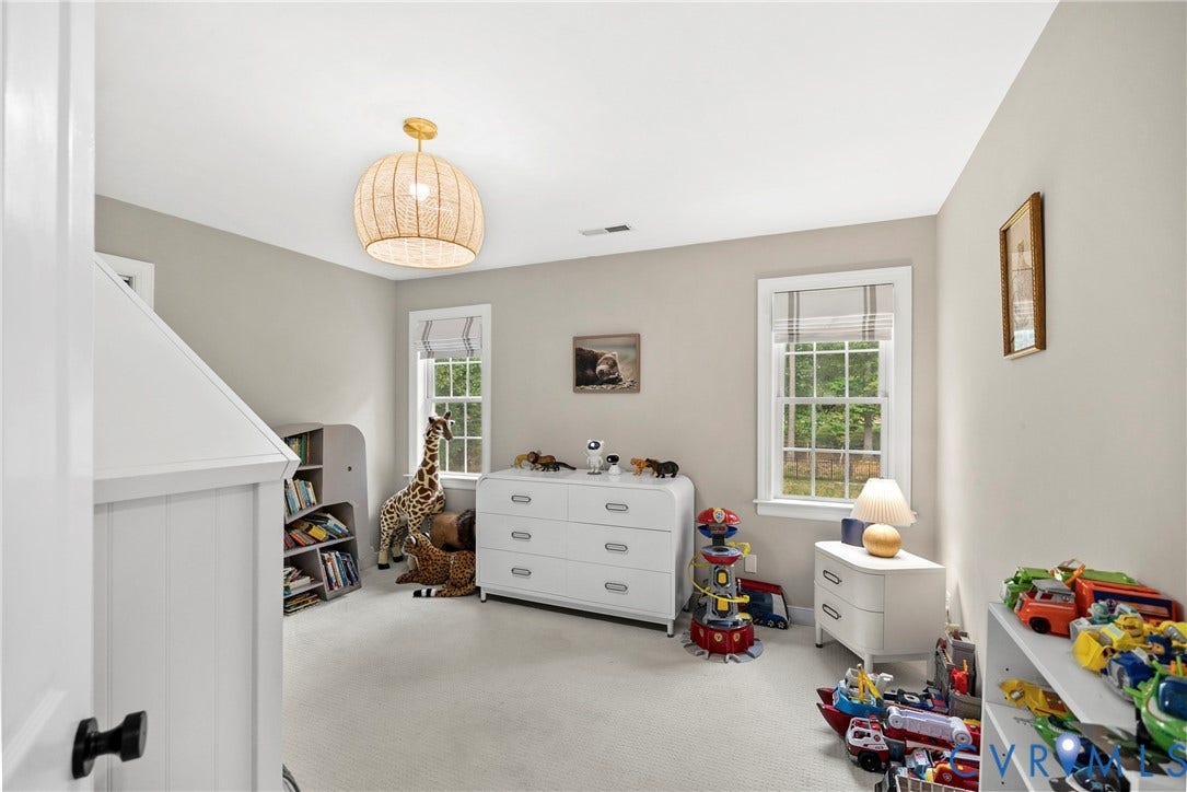 8406 Chandon Court, Chesterfield, VA 23838 Neutral wall paint, plush carpet flooring, two double-hung windows, and a woven pendant light fixture