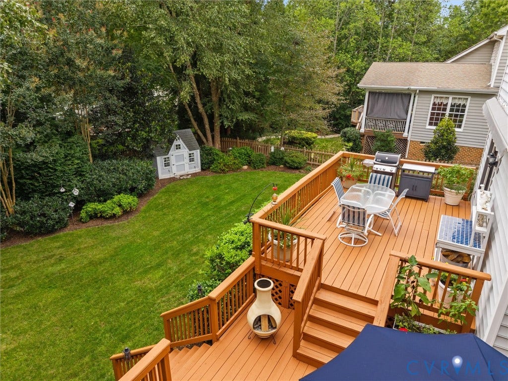 14779 Rolling Spring Drive, Charter Colony, Midlothian, VA 23114 A Chefs dream for outdoor culinary creations, exceptional outdoor retreat with expansive tiered decking, lush mature landscaping and wonderful privacy. Designed for everything from alfresco dining to quiet mornings surrounded by nature, this beautifully maintained backyard becomes your private sanctuary