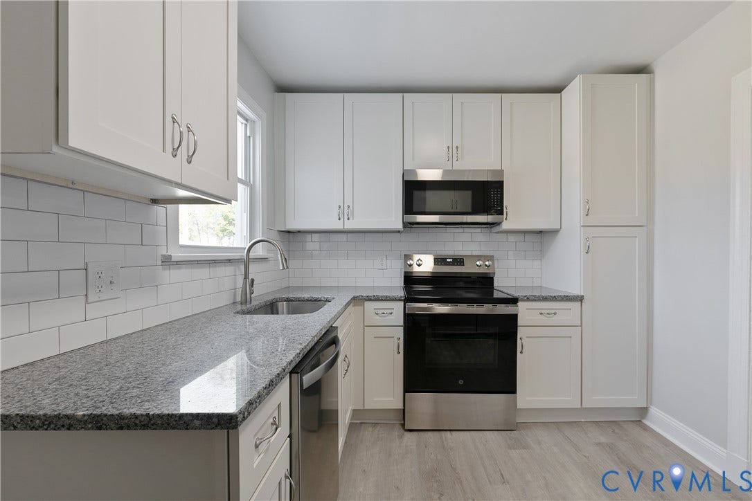 1305 Overlook Street, Richmond, VA 23224 Kitchen featuring white cabinetry, granite countertops, stainless steel appliances, a subway tile backsplash, and wood-finish flooring