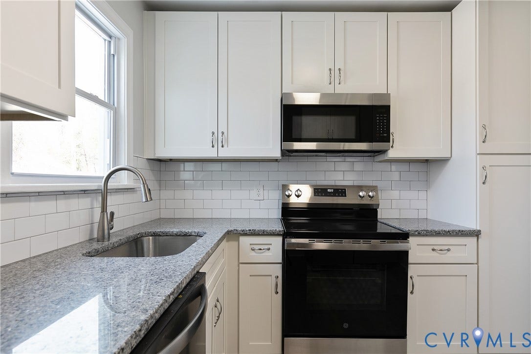 1305 Overlook Street, Richmond, VA 23224 Kitchen featuring white shaker-style cabinetry, stainless steel appliances, granite countertops, and a subway tile backsplash