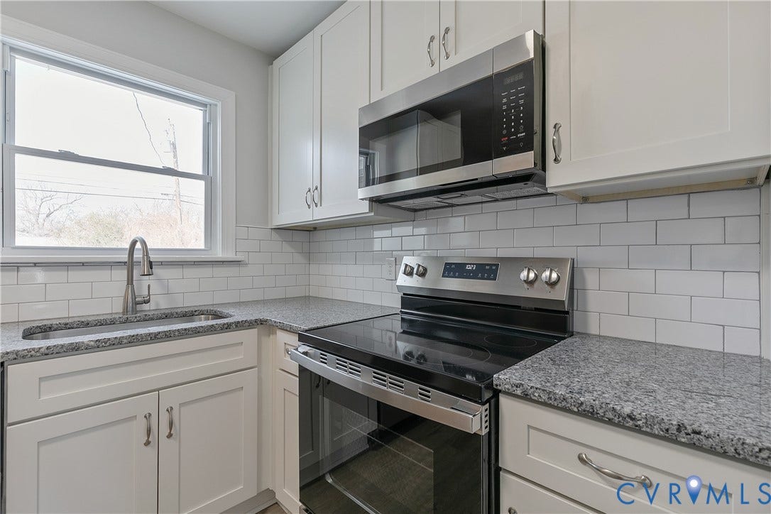 1305 Overlook Street, Richmond, VA 23224 Contemporary kitchen featuring white cabinetry, a subway tile backsplash, granite-finish countertops, stainless steel appliances, and a single-basin sink with a gooseneck faucet