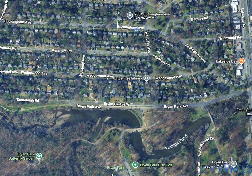 2304 Buckingham Avenue, Henrico, VA 23228 Satellite Imagery. Displaying an overhead view of a residential area with streets and a body of water, including labeled landmarks and thoroughfares