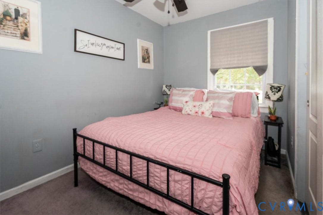 5510 Alberta Road, Stanwick, Midlothian, VA 23832 Bedroom featuring light gray walls, a window with a roman shade, and a ceiling fan