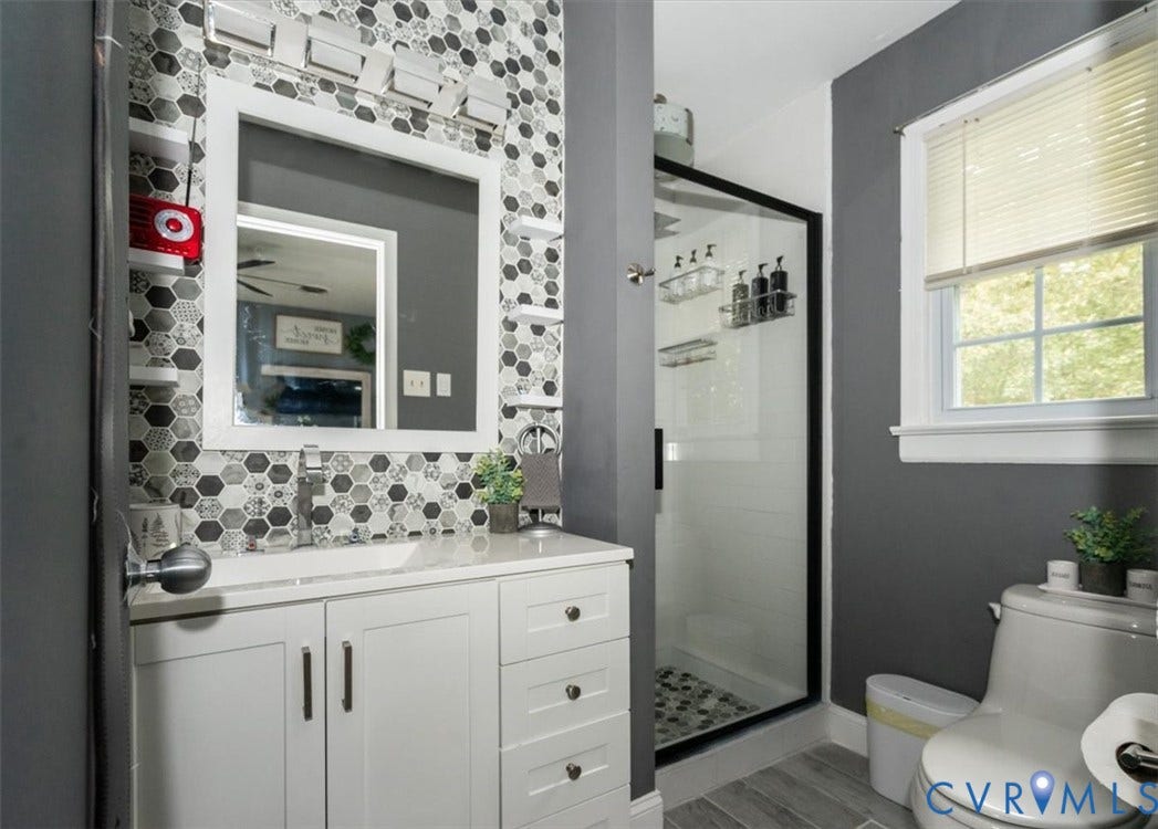 5510 Alberta Road, Stanwick, Midlothian, VA 23832 White vanity with a vessel sink, hexagonal tile backsplash, and a framed mirror with integrated lighting