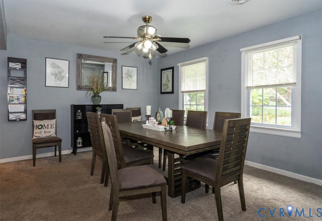 5510 Alberta Road, Stanwick, Midlothian, VA 23832 Dining area with carpet flooring, two white-framed windows, and a ceiling fan