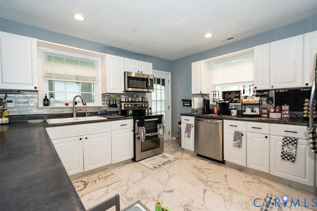 5510 Alberta Road, Stanwick, Midlothian, VA 23832 White cabinetry with dark hardware, dark countertops, and stainless steel appliances