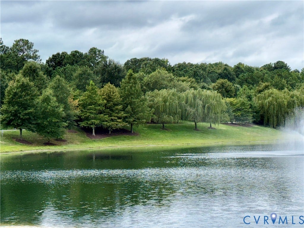 3900 Liesfeld Place, Glen Allen, VA 23060 Pond with a fountain feature, bordered by a grassy bank and a variety of mature trees