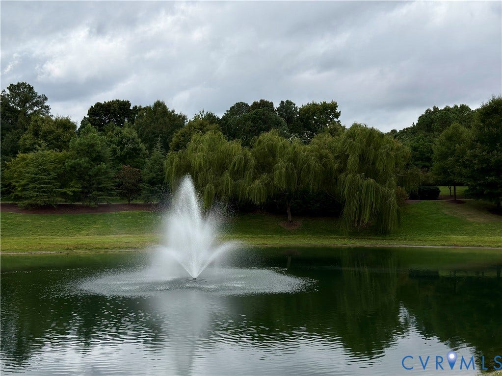3900 Liesfeld Place, Glen Allen, VA 23060 Pond with an active fountain, surrounded by manicured green banks and mature trees