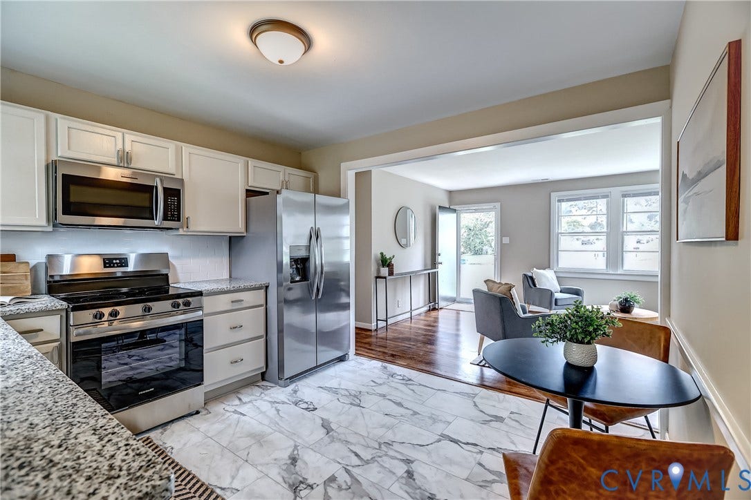 Kitchen with white cabinetry, stainless steel appliances, and granite countertops