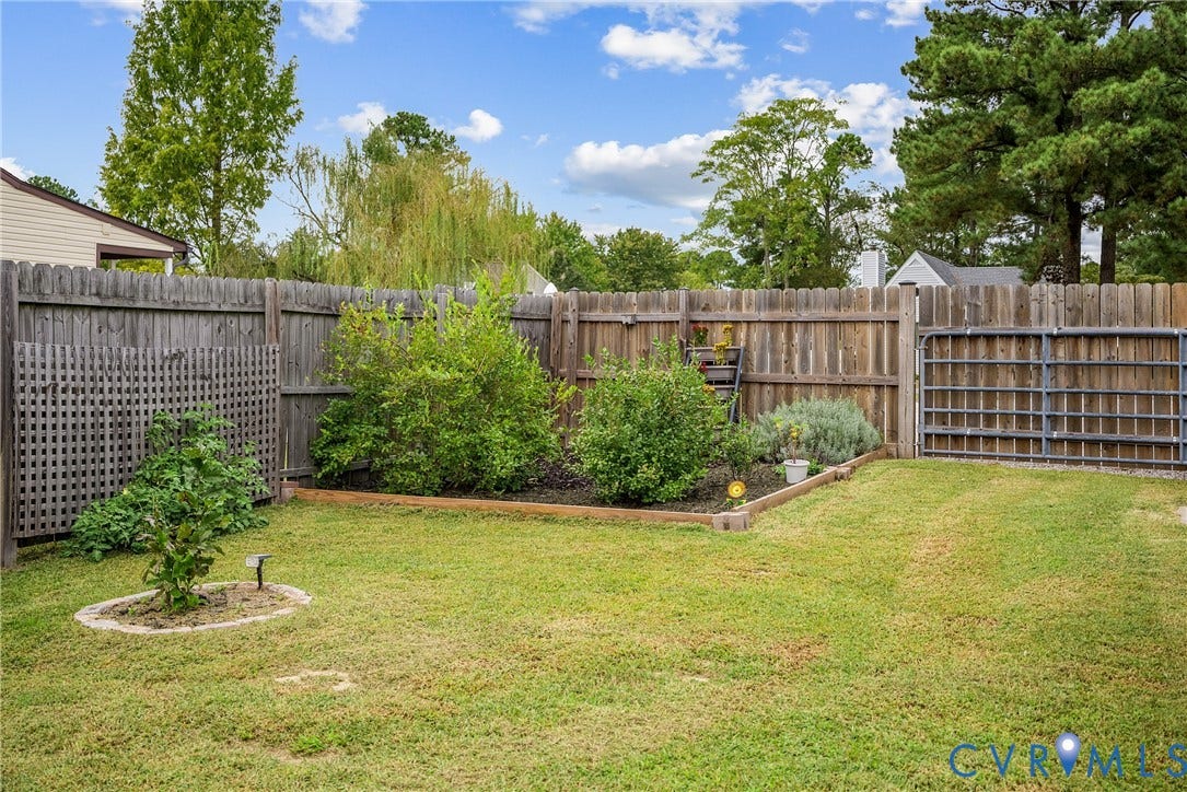 Backyard featuring a privacy fence, established garden beds, and a metal gate