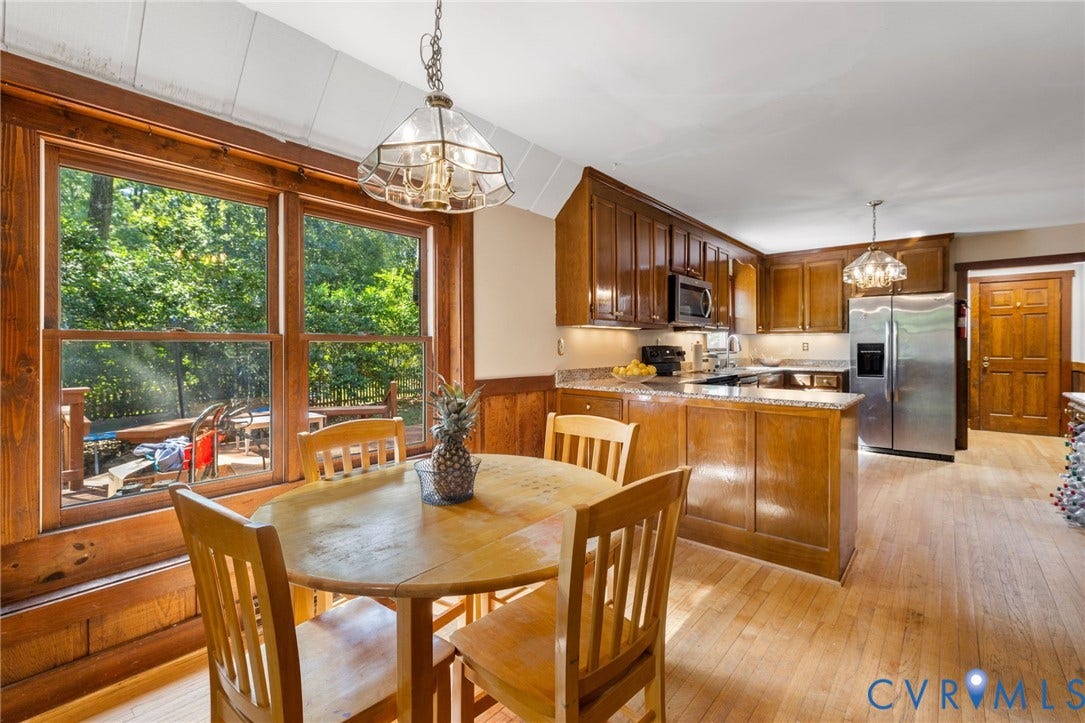 Large eat-in kitchen space with wall of windows to enjoy the outside.