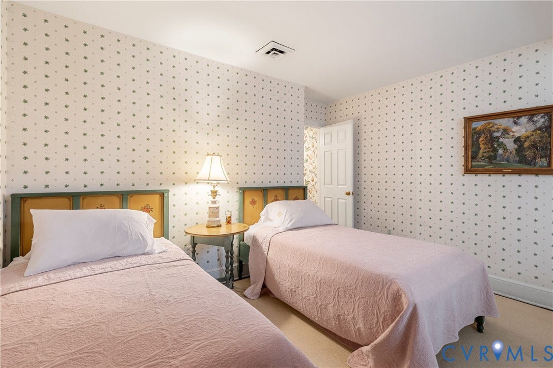 5621 Cary Street Road, #U4, Wilton, Richmond, VA 23226 Bedroom featuring patterned wallpaper, carpeted flooring, and a six-panel interior door