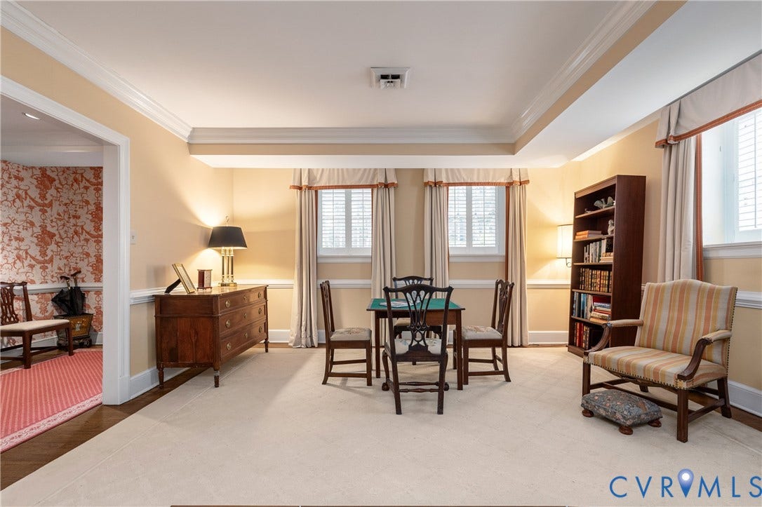 5621 Cary Street Road, #U4, Wilton, Richmond, VA 23226 Room featuring crown molding, chair rail detailing, recessed ceiling tray, and dual windows with plantation shutters