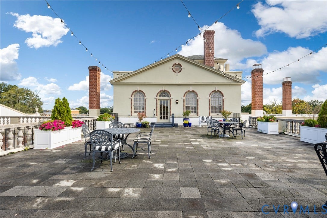 5621 Cary Street Road, #U4, Wilton, Richmond, VA 23226 Rooftop terrace featuring concrete paver flooring, stone balustrade perimeter, integrated brick chimneys, and arched window details