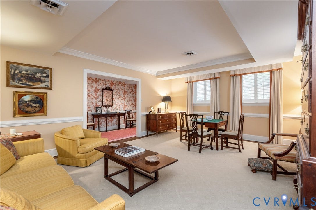 5621 Cary Street Road, #U4, Wilton, Richmond, VA 23226 Tray ceiling, crown molding, chair rail molding, and windowed wall with recessed lighting