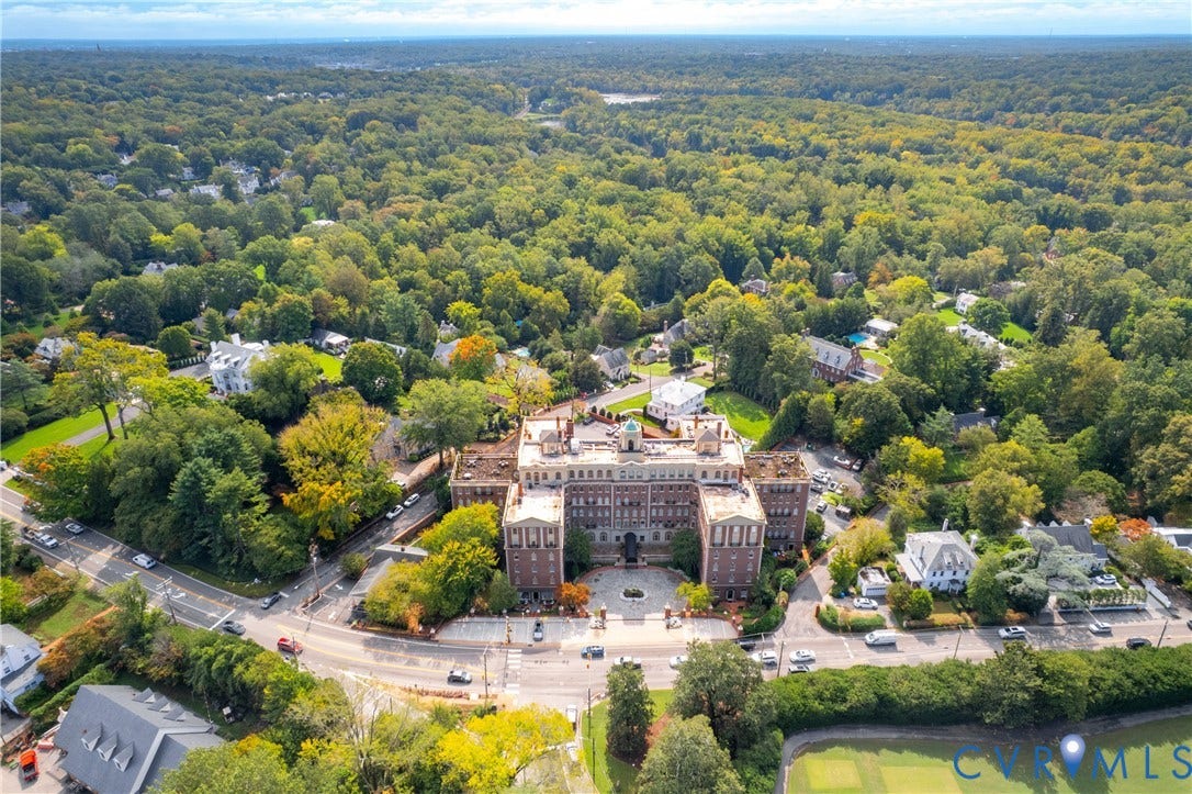 5621 Cary Street Road, #U4, Wilton, Richmond, VA 23226 Multi-story masonry exterior featuring a central cupola, formal circular motor court, expansive grounds, and abundant surrounding mature canopy