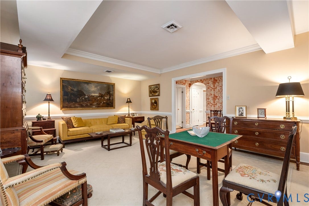 5621 Cary Street Road, #U4, Wilton, Richmond, VA 23226 Elegant recreation room showcasing coffered ceiling details, wood-finish flooring, and a green felt billiards table