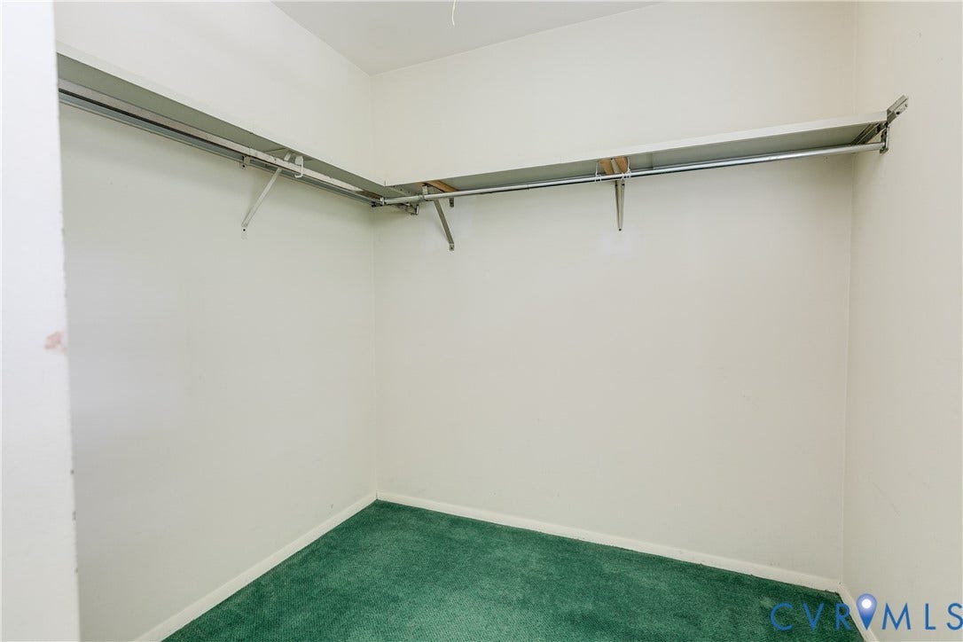 Wall-mounted shelving with integrated hanging rods, and green carpeting
