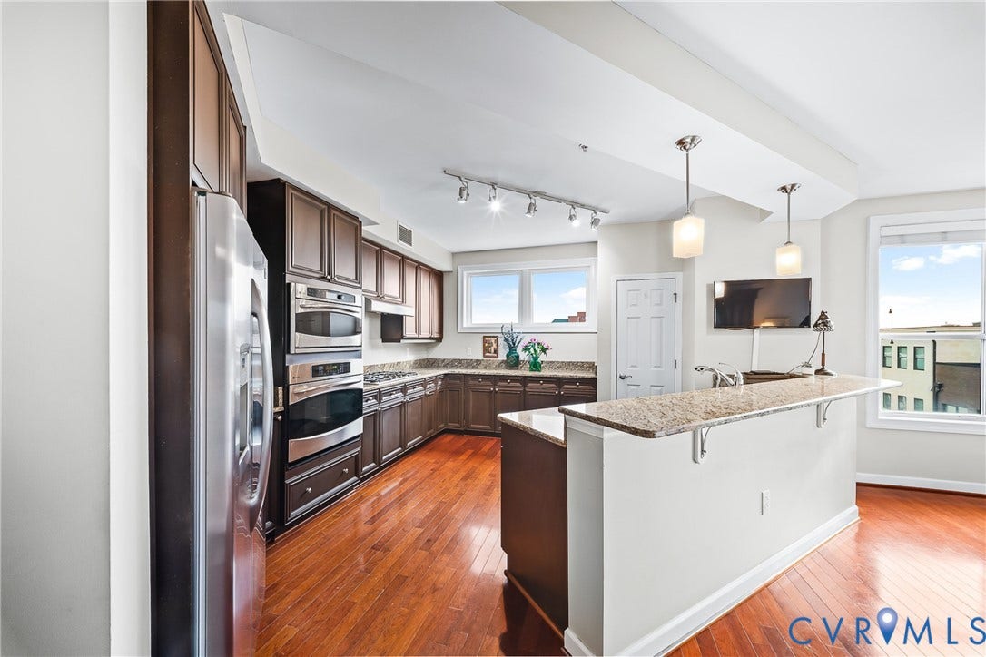4820 Old Main Street, #503, Sky Line Condo, Richmond, VA 23231 Kitchen featuring wood-finish flooring, dark wood cabinetry, stainless steel appliances, and light-toned countertops