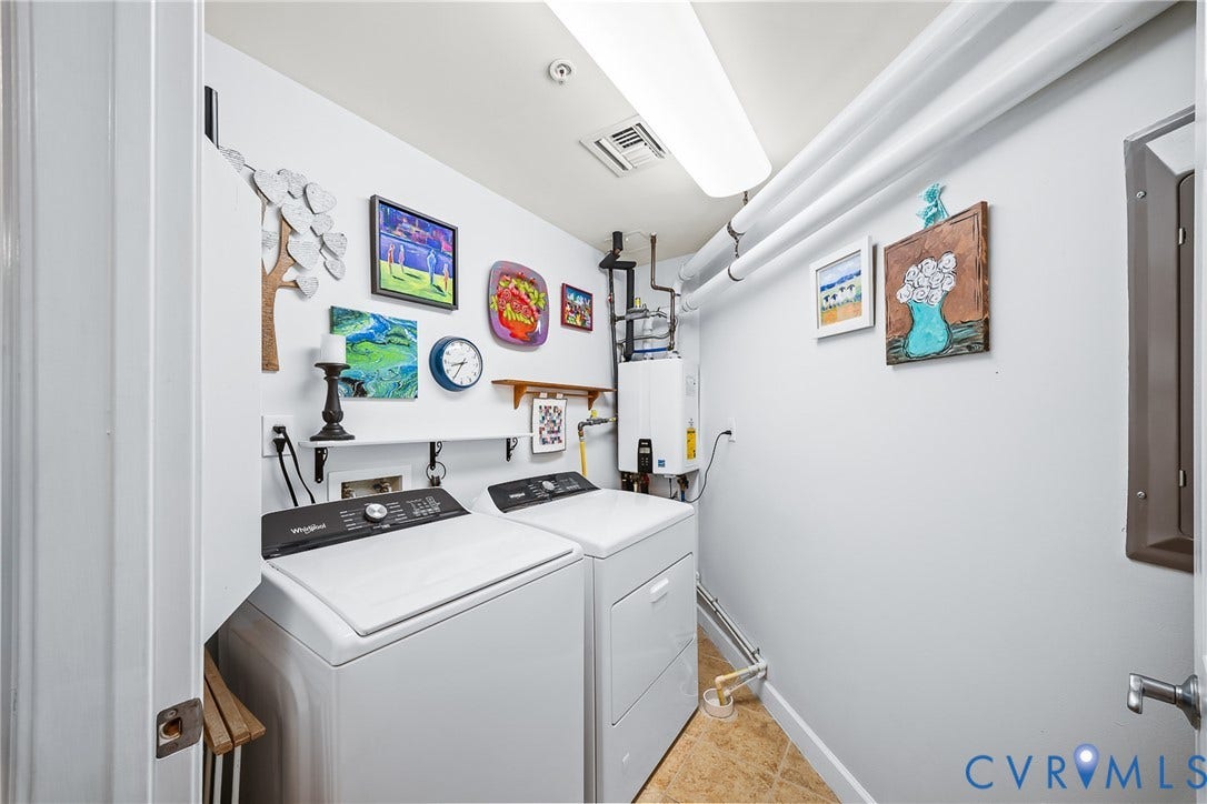 4820 Old Main Street, #503, Sky Line Condo, Richmond, VA 23231 Utility room with light-toned flooring, built-in shelving, and overhead fluorescent lighting